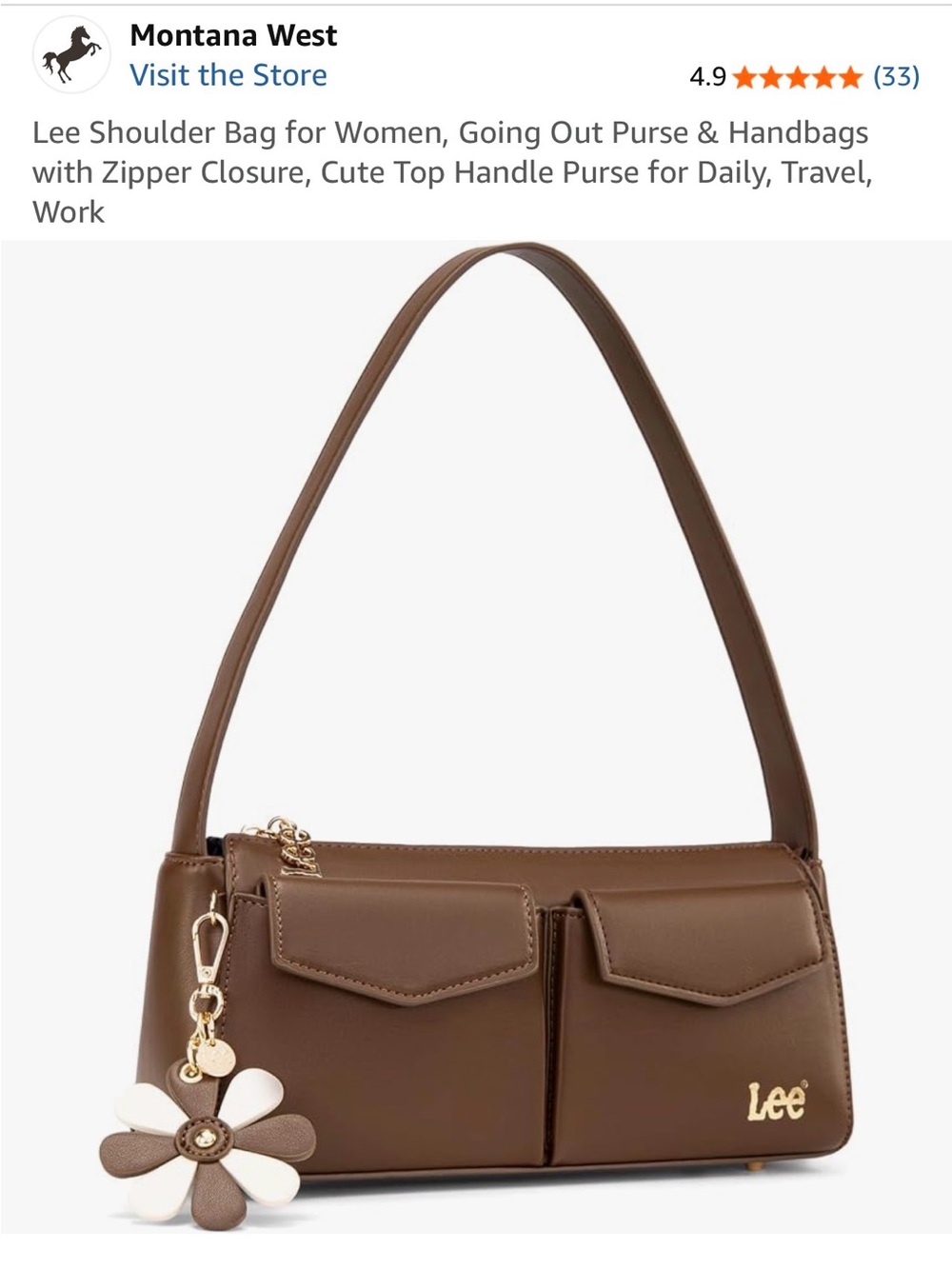 NWT Lee Coffee Brown Shoulder Bag Purse Flower Charm Handbag